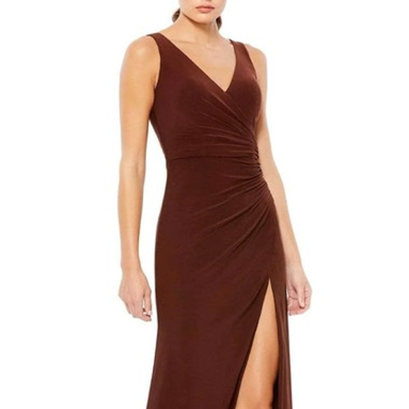 MAC DUGGAL Dress Size 2 Evening Gown NEW Chocolate Brown Faux Wrap V Neck - Picture 6 of 7